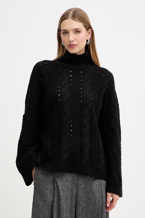 Twinset sweter z wełną damski kolor czarny ciepły z golfem 252TT3101