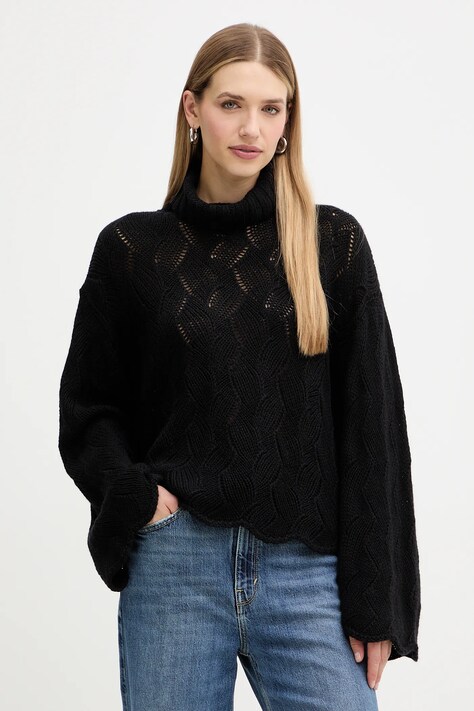 Twinset sweter z dodatkiem wełny damski kolor czarny ciepły z golfem 252TT3424