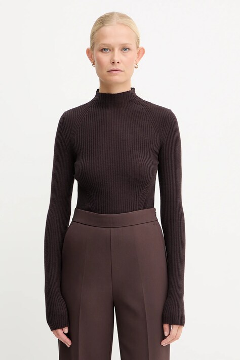 Twinset sweter wełniany damski kolor brązowy lekki z półgolfem 252TT3111