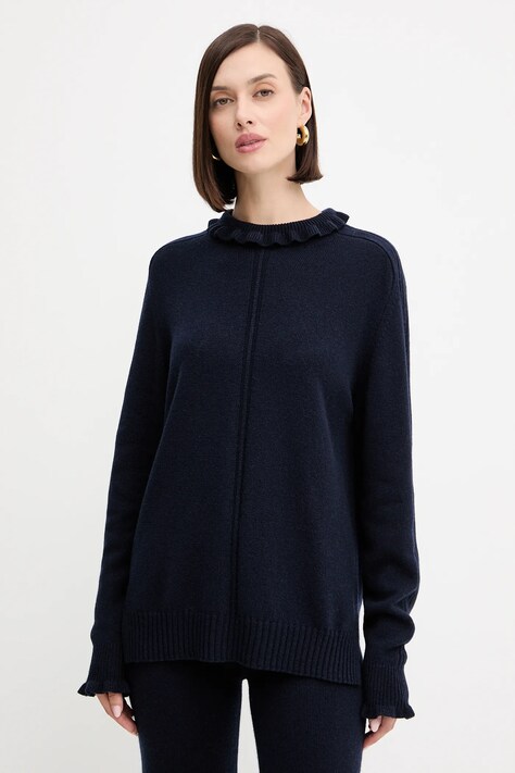 Twinset sweter z wełną damski kolor granatowy z półgolfem 252TT3350