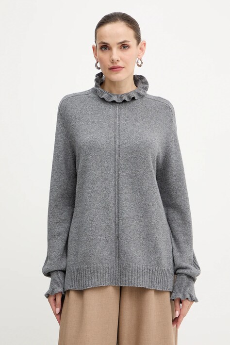 Twinset sweter z wełną damski kolor szary z półgolfem 252TT3350