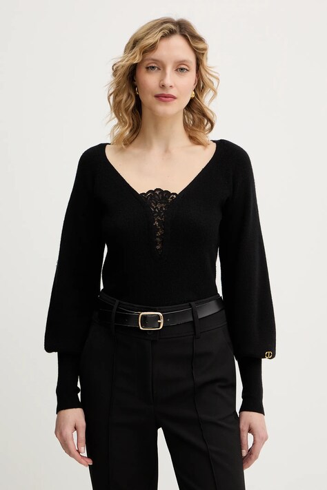 Twinset sweter z dodatkiem wełny damski kolor czarny 252TT3392