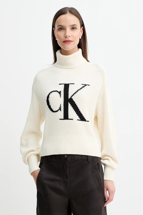 Calvin Klein Jeans pulover de bumbac culoarea bej, călduros, cu guler, LV047D349G