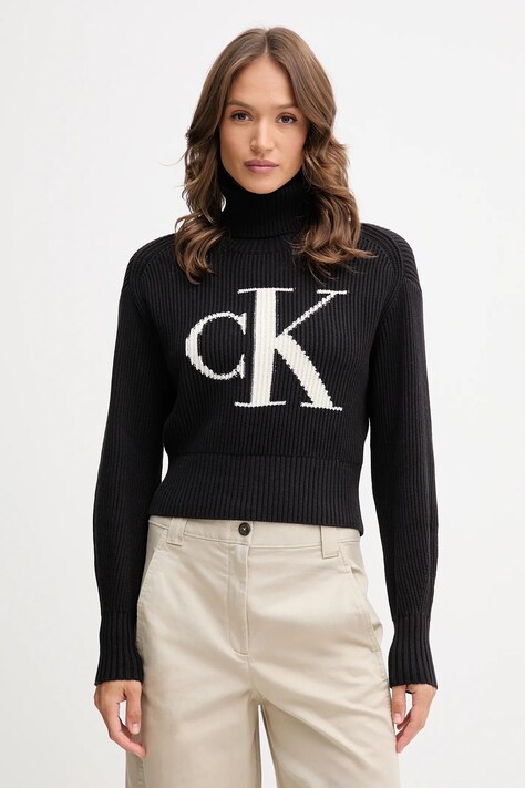 Памучен пуловер Calvin Klein Jeans в черно от топла материя с поло LV047D349G