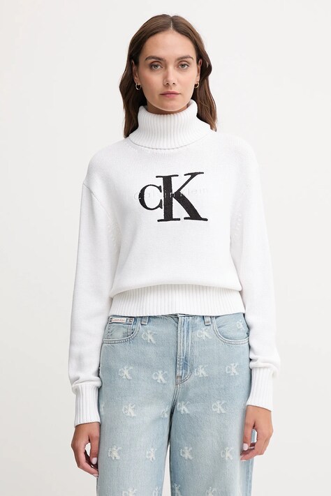 Calvin Klein Jeans sweter damski kolor biały z golfem LV047D354G