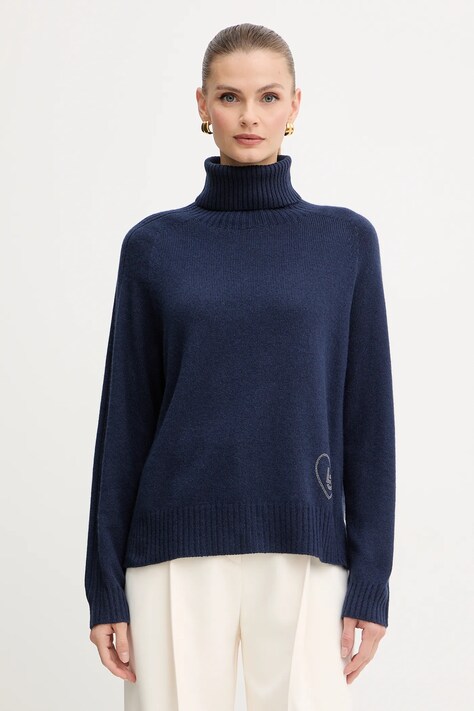 Liu Jo pulover din amestec de lână culoarea bleumarin, cu guler, MF5445 MS76L