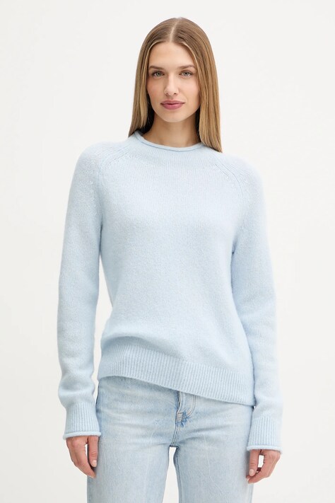 BOSS Orange sweter z dodatkiem wełny damski kolor niebieski lekki z półgolfem 50548930