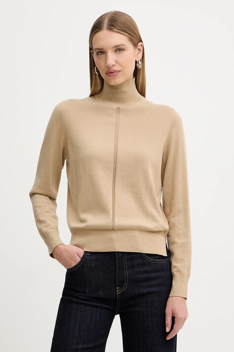 BOSS Orange sweter z dodatkiem wełny damski kolor beżowy lekki z półgolfem 50551356