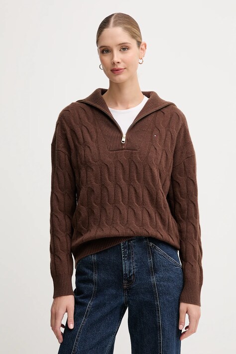 Vlněný svetr Tommy Hilfiger dámský, hnědá barva, WW0WW46425