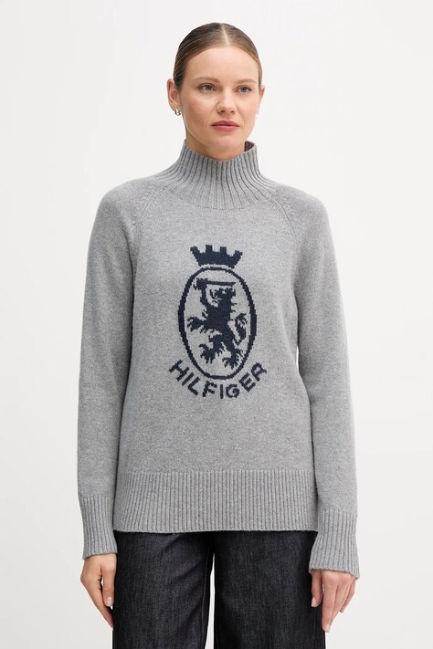 Svetr s příměsí vlny Tommy Hilfiger šedá barva, s pologolfem, WW0WW46434