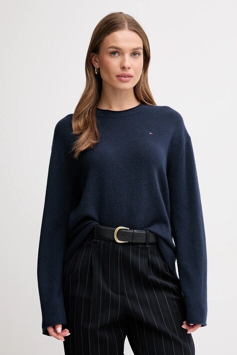 Tommy Hilfiger sweter wełniany damski kolor granatowy lekki WW0WW46438