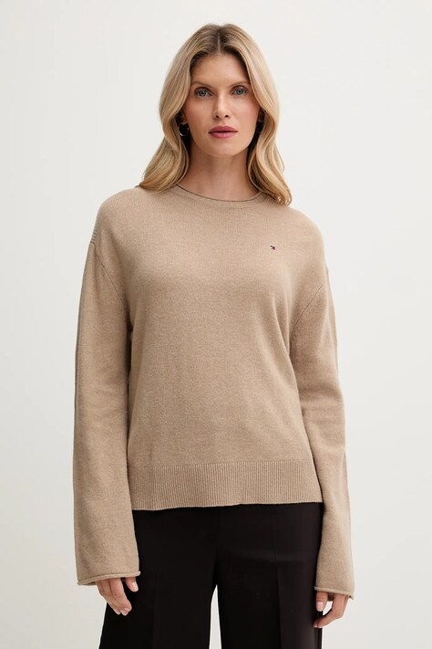 Tommy Hilfiger sweter wełniany damski kolor beżowy lekki WW0WW46438