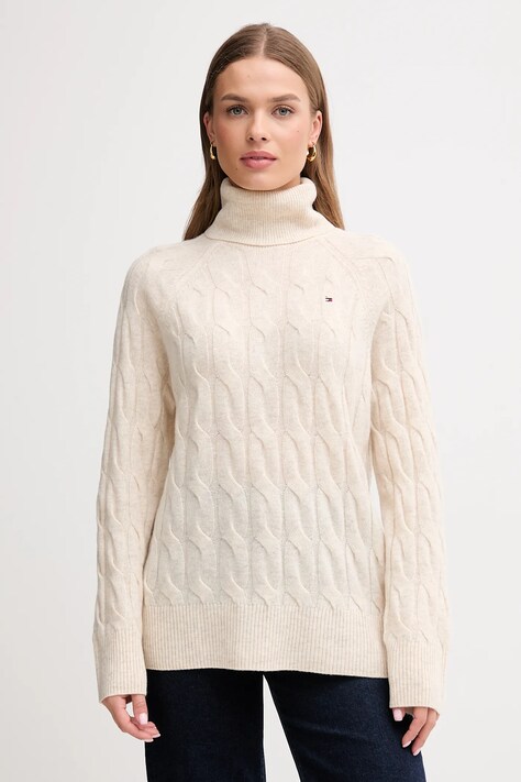 Tommy Hilfiger pulover de lână culoarea bej, light, cu guler, WW0WW46791