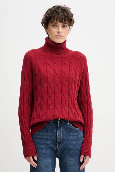 Шерстяной свитер Tommy Hilfiger цвет бордовый лёгкий с гольфом WW0WW46791