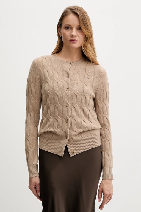 Tommy Hilfiger kardigan wełniany damski kolor beżowy WW0WW47463