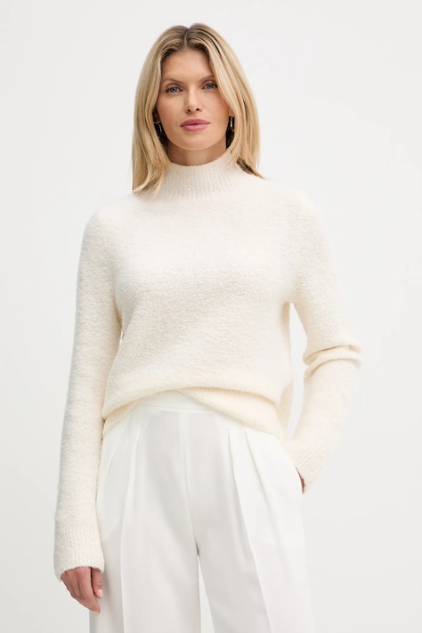 BOSS sweter z dodatkiem wełny damski kolor beżowy lekki z półgolfem 50547907