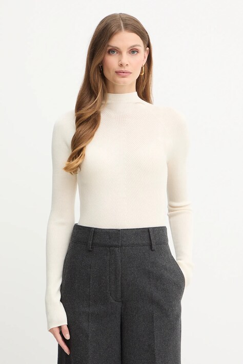 BOSS sweter wełniany damski kolor beżowy lekki z półgolfem 50549166