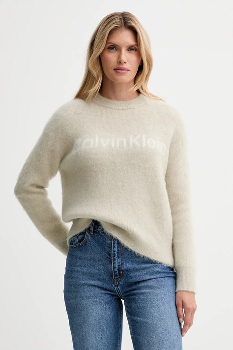 Calvin Klein sweter z dodatkiem wełny damski kolor beżowy ciepły LV044D359G