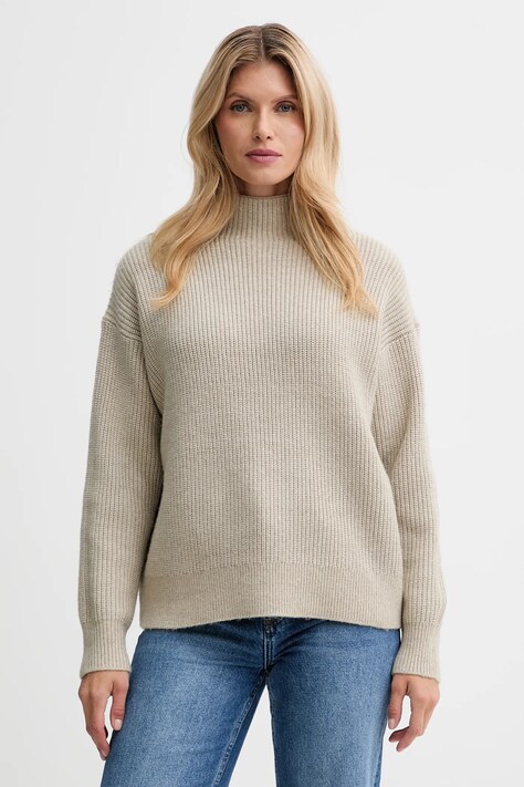 Calvin Klein sweter z domieszką wełny damski kolor beżowy z półgolfem LV044D365G