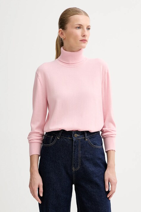 Calvin Klein sweter z dodatkiem wełny damski kolor różowy lekki z golfem LV044D371G