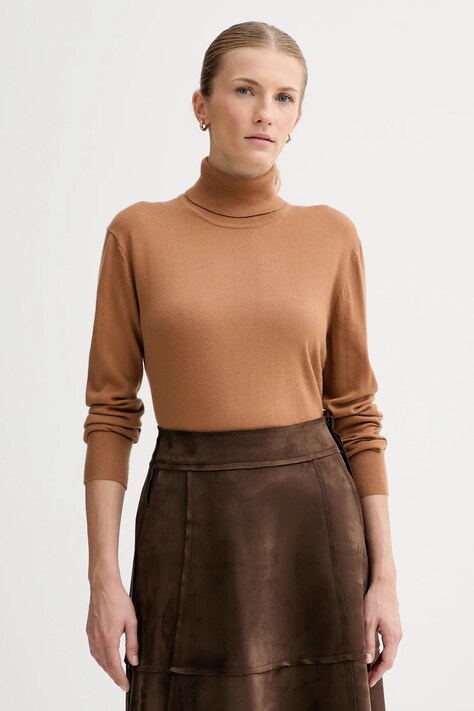 Calvin Klein sweter z dodatkiem wełny damski kolor brązowy lekki z golfem LV044D371G