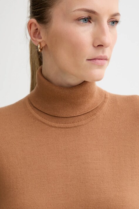 Calvin Klein sweter z dodatkiem wełny damski kolor brązowy lekki z golfem LV044D371G