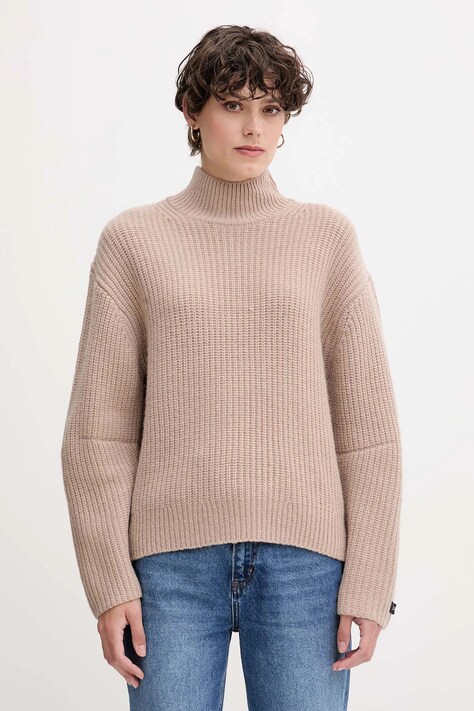 Calvin Klein Jeans sweter z dodatkiem wełny damski kolor brązowy z półgolfem LV044D329G