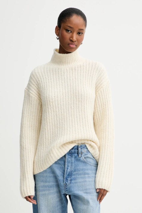 Calvin Klein Jeans sweter damski kolor beżowy ciepły z półgolfem LV044D361G
