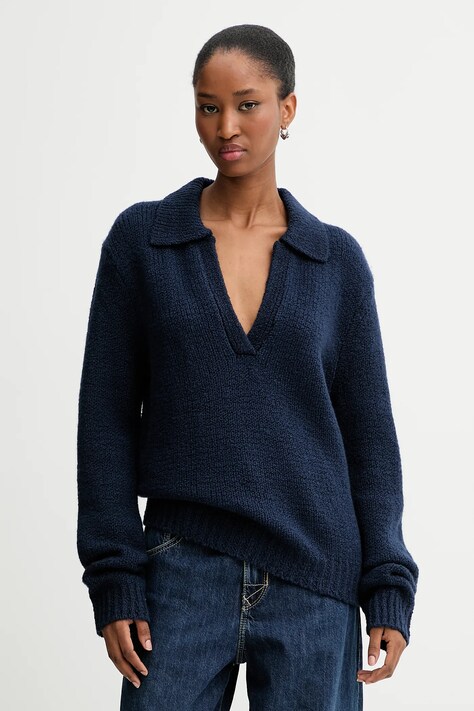 Calvin Klein Jeans sweter wełniany damski kolor granatowy ciepły LV144D341G