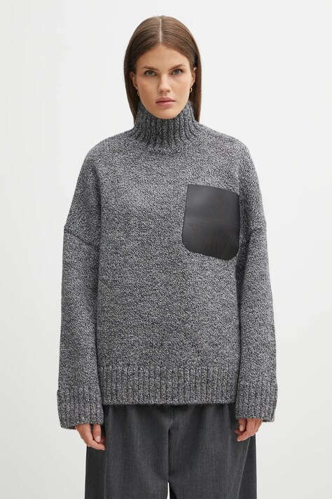 JW Anderson sweter z dodatkiem wełny Leather Patch Pocket damski kolor szary ciepły z golfem KW1292.YN0367