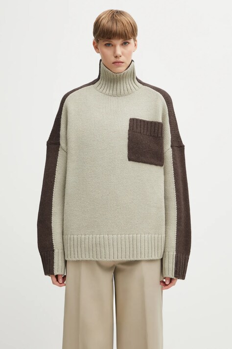 JW Anderson sweter z dodatkiem wełny Two Tone Patch Pocket damski kolor beżowy ciepły z golfem KW1402.YN0367