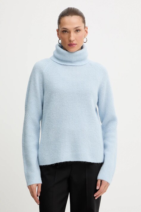 BOSS Orange sweter z dodatkiem wełny damski kolor niebieski lekki z golfem 50548937