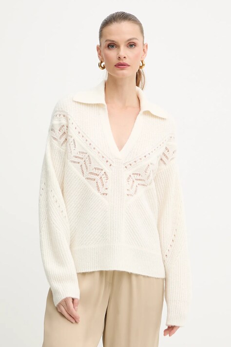 BOSS Orange sweter z dodatkiem wełny damski kolor beżowy 50548948