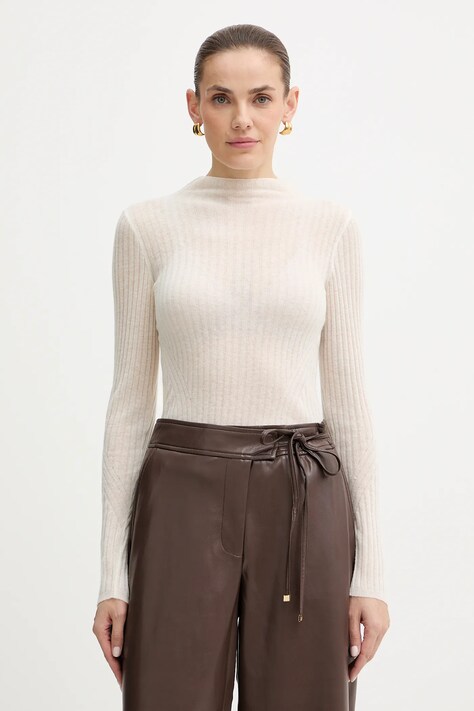 BOSS Orange sweter z dodatkiem wełny kolor beżowy lekki z półgolfem 50549391