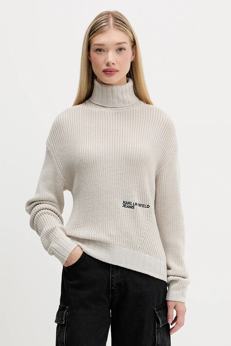Karl Lagerfeld Jeans pulover de lână culoarea bej, cu guler, A4W18020