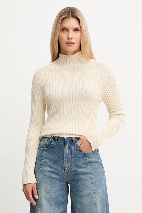 Marc O'Polo sweter bawełniany damski kolor beżowy z półgolfem 509605960173