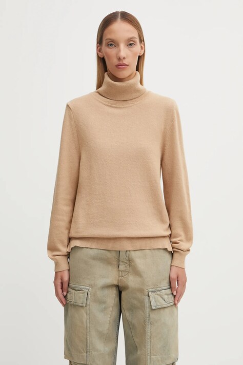 Barbour sweter z wełną Pendle Roll Collar Knitted Jumper damski kolor beżowy z golfem LKN1077BE12