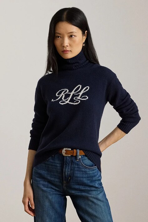 Lauren Ralph Lauren sweter kaszmirowy damski kolor granatowy z golfem 200P03372
