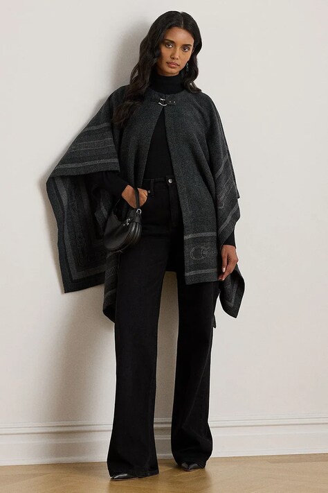 Poncho με προσθήκη μαλλιού Lauren Ralph Lauren χρώμα: μαύρο, 454960134