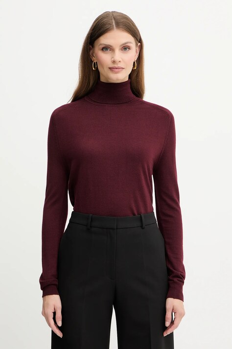 Trussardi sweter wełniany damski kolor bordowy lekki z golfem M0106001164N