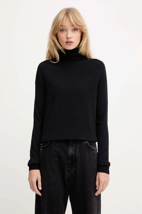 Trussardi sweter wełniany damski kolor czarny lekki z golfem M0106001164N