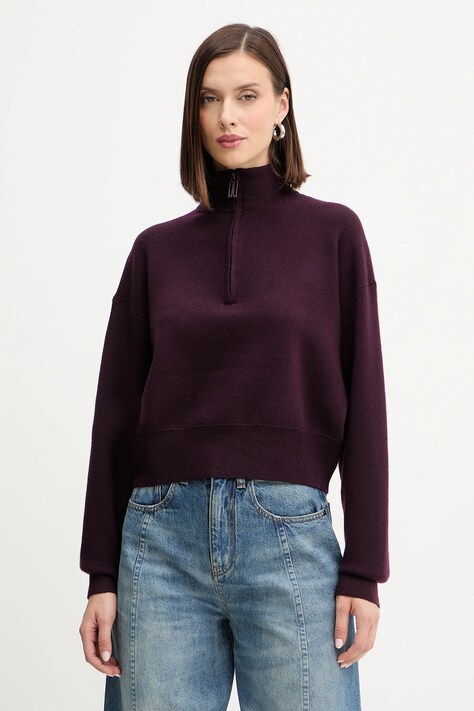 Victoria Beckham sweter z dodatkiem wełny damski kolor bordowy z półgolfem 1425KJU006610A