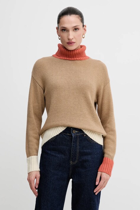 United Colors of Benetton sweter z dodatkiem wełny damski kolor beżowy z golfem 16YCE204I