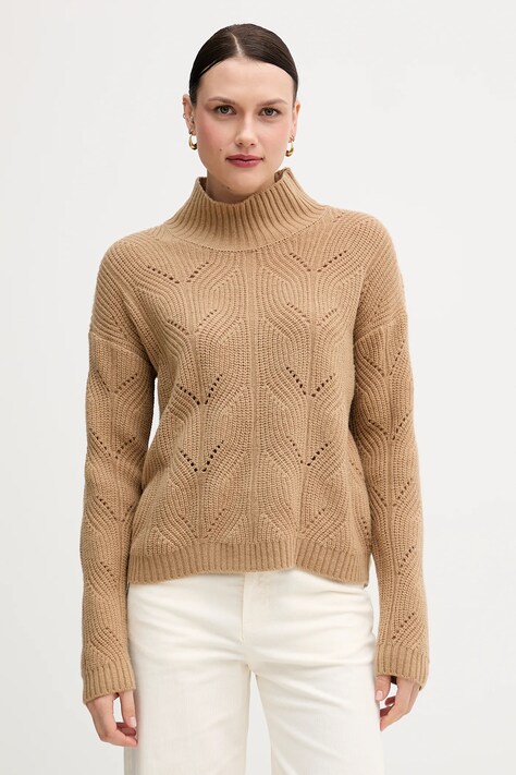United Colors of Benetton sweter z dodatkiem wełny damski kolor beżowy lekki z półgolfem 1FDFD10F2