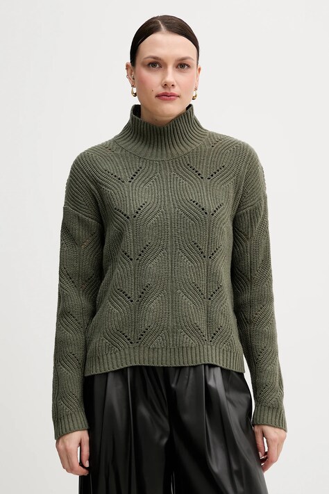 United Colors of Benetton sweter z dodatkiem wełny damski kolor zielony lekki z półgolfem 1FDFD10F2