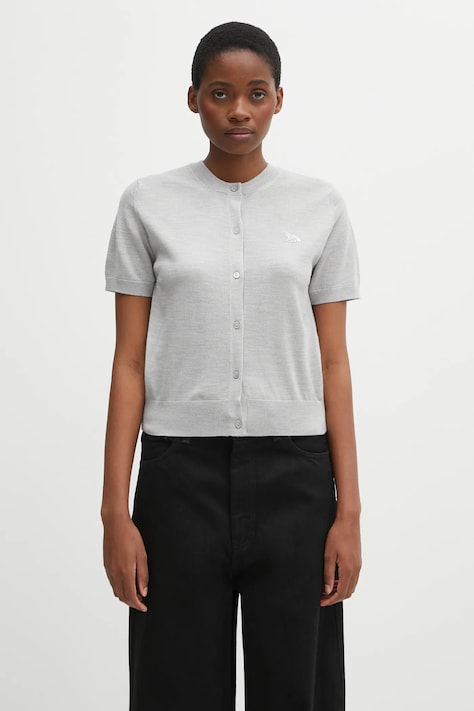 Vuneni kardigan Maison Kitsuné Baby Fox Fine Merino boja: siva, lagane, OW00513KT1181