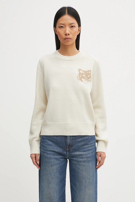 Maison Kitsuné sweter wełniany Fox Head Intarsia Merino damski kolor beżowy NW00808KM0329