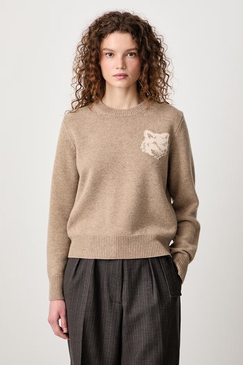 Maison Kitsuné Fox Head Intarsia Merino пуловер от вълна дамски бежов NW00808KM0329