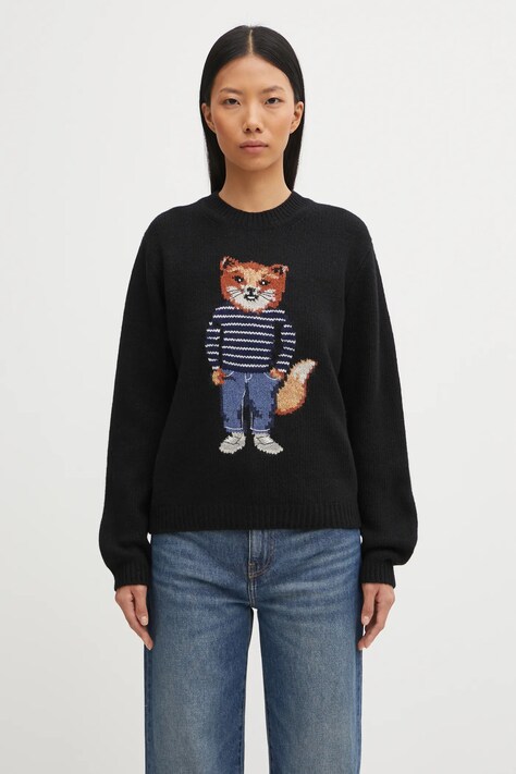 Maison Kitsuné sweter z domieszką wełny Dressed Fox Intarsia Wool damski kolor czarny PW00812KH0002