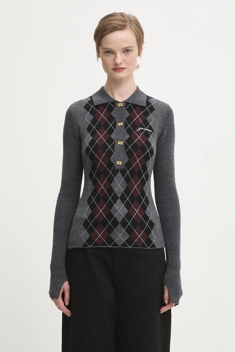 GANNI sweter wełniany Fine Merino Jacquard damski kolor szary lekki K2314
